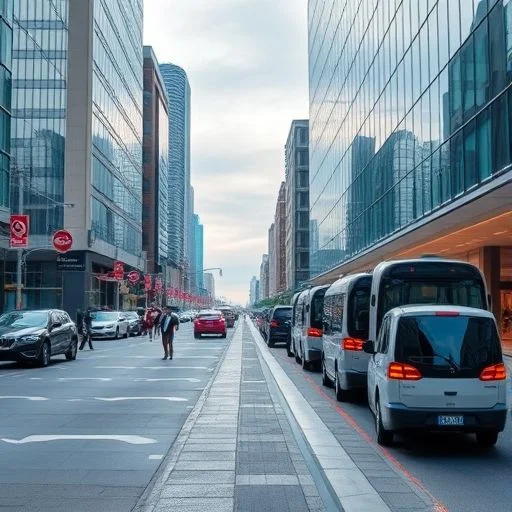 A serene, sweeping panoramic view of a tranquil Smart City district at dawn, with biophilic architecture and autonomous vehicles.